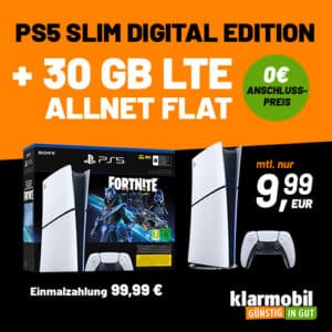 Wieder da: nur 9,99€!!🔥Sony Playstation 5 PS5 Slim Digital Edition für 99,99€ + 30GB Vodafone Allnet Flat für 9,99€/Monat + 0,00€ Anschlusspreis (Klarmobil Vodafone)