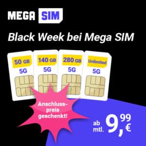 STARKE mtl. kündbare 5G &amp; LTE Allnets ⭐️ 50GB für 9,99€ | 140GB für 16,99€ | 280GB für 19,99€ | Unlimited für 24,99€ (Mega SIM im o2-Netz mit bis zu 50 Mbit/s)