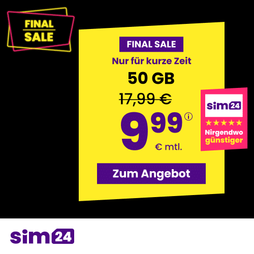 Thumbnail mtl. kündbare 5G/LTE Handy Allnet mit 10GB für 4,99€ 😱 oder 20GB für 6,99€ | 50GB für 9,99€ | 80GB für 14,99€ (SIM24 im 1&amp;1-Netz)