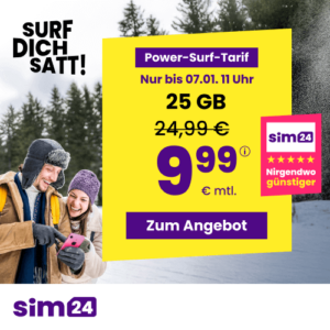 mtl. kündbare 5G/LTE Handy Allnet mit 25GB für 9,99€ 😱 oder 5GB für 4,99€ | 10GB für 6,99€ | 50GB für 14,99€ (SIM24 im 1&amp;1-Netz)