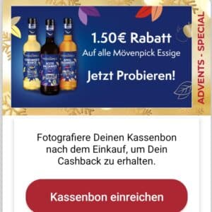 1,50€ Cashback auf Mövenpick Essig bei scondoo (auch bei Couponplatz)