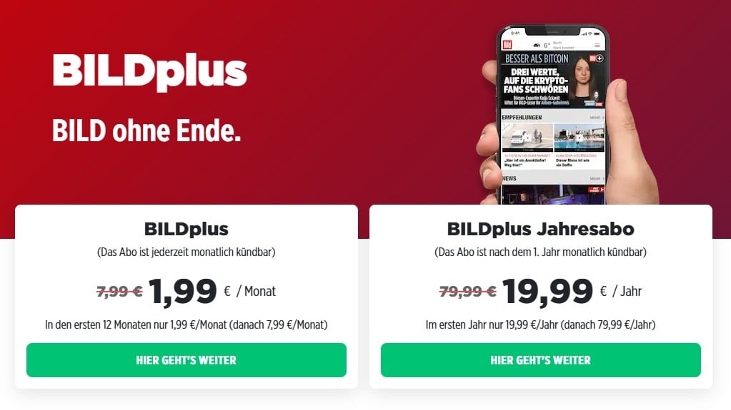 BILDPlus Angebots-Übersicht mit Jahresabo für 19,99€ und Monatsabo für 1,99€ mtl.