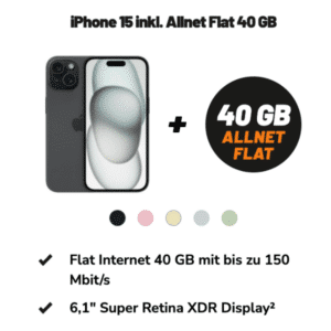 🔥 Apple iPhone 15 (128GB) für 99,99€ + 40GB 5G & LTE Vodafone Allnet für 29,99€/Monat + 0,00€ AG - Klarmobil Allnet