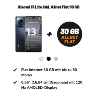 🫨 Eff. GRATIS! Xiaomi 13 Lite (128GB) für 19,99€ + 30GB LTE Allnet für 9,99€/Monat + 0€ AG (klarmobil Vodafone Allnet Flat)