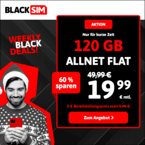 mtl. kündbare LTE/5G Allnet mit 40GB für 8,99€ 💥 oder 15GB für 5,99€ | 30GB für 7,99€ | 120GB für 19,99€ (Blacksim im 1&amp;1-Netz)