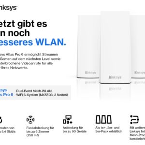 Linksys Atlas Pro 6 Dual-Band Mesh-Router MX5500 (WLAN 6) | (1er) 49,74€ statt 114,79€ | (2er) 89,35€ statt 199,04€ | (3er) 126,83€ statt 292,96€