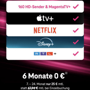 🔥 6 Monate GRATIS + 30€ Cashback für MagentaTV 📺 z.B. MegaStream mit Netflix, Disney+, AppleTV+, RTL+ Premium + 180 TV-Sender für 25€