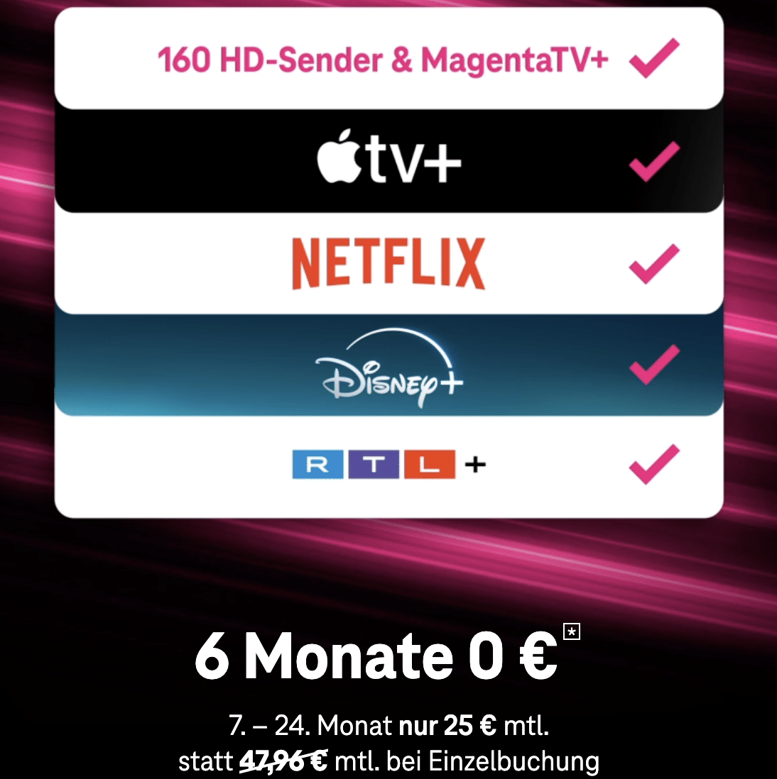 Thumbnail 🔥 6 Monate GRATIS + 30€ Cashback für MagentaTV 📺 z.B. MegaStream mit Netflix, Disney+, AppleTV+, RTL+ Premium + 180 TV-Sender für 25€