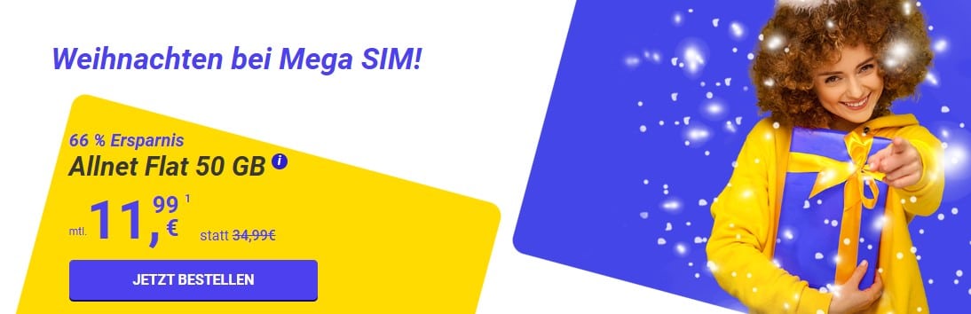 Tarifangebot von Mega SIM mit Weihnachtsbanner. Allnet Flat mit 50GB für 11,99€ mtl.