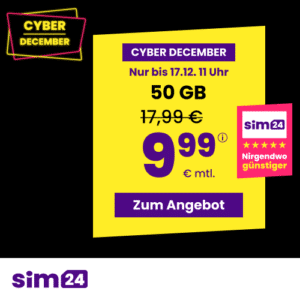 mtl. kündbare 5G/LTE Handy Allnet mit 10GB für 4,99€ 😱 oder 20GB für 6,99€ | 50GB für 9,99€ | 80GB für 14,99€ (SIM24 im 1&amp;1-Netz)