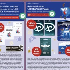 Rewe: 20-fach Payback-Punkte auf Apple- und Playstation Geschenkkarten, 30-fach auf Disney&#043; und 450 Extrapunkte auf WOW