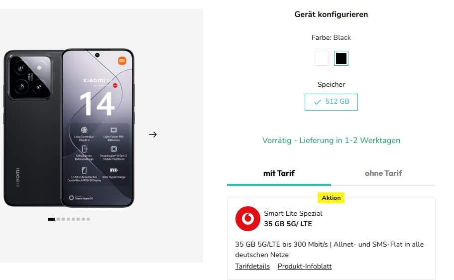 Tarifangebot fürs Xiaomi 14 mit 35GB Vodafone Smart Lite Spezial