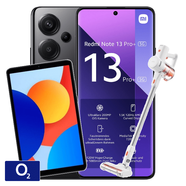 Thumbnail Eff. gratis: Xiaomi Redmi Note 13 Pro+ (512GB) für 99€ + GRATIS Xiaomi Redmi Pad SE 8.7 + GRATIS Xiaomi Vacuum Cleaner G20 Lite + 4GB LTE Allnet für 9,99€/Monat (o2 Basic 10)