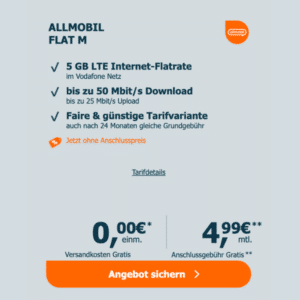 📲 5GB LTE Vodafone Allnet für eff. 3,95€ + 0,00€ AP + 25€ Amazon-Gutschein (allmobil powered by otelo)