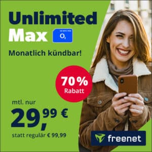 🚀 Nur noch HEUTE! 🔥 Mtl. kündbar: Unlimited 5G/LTE Allnet für 29,99€ mtl. + 19,99€ AP (freenet o2 Mobile Unlimited Max mit bis zu 300 Mbit/s)