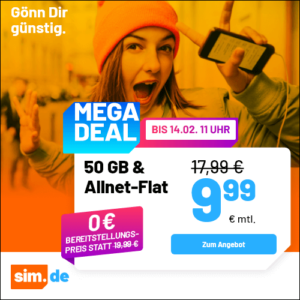 5G/LTE Handy Allnets 📲 50GB für 9,99€ | 20GB für 5,99€ | 30GB für 7,99€ | 100GB für 19,99€ ⏰ nur für kurze Zeit (sim.de im 1&amp;1-Netz)