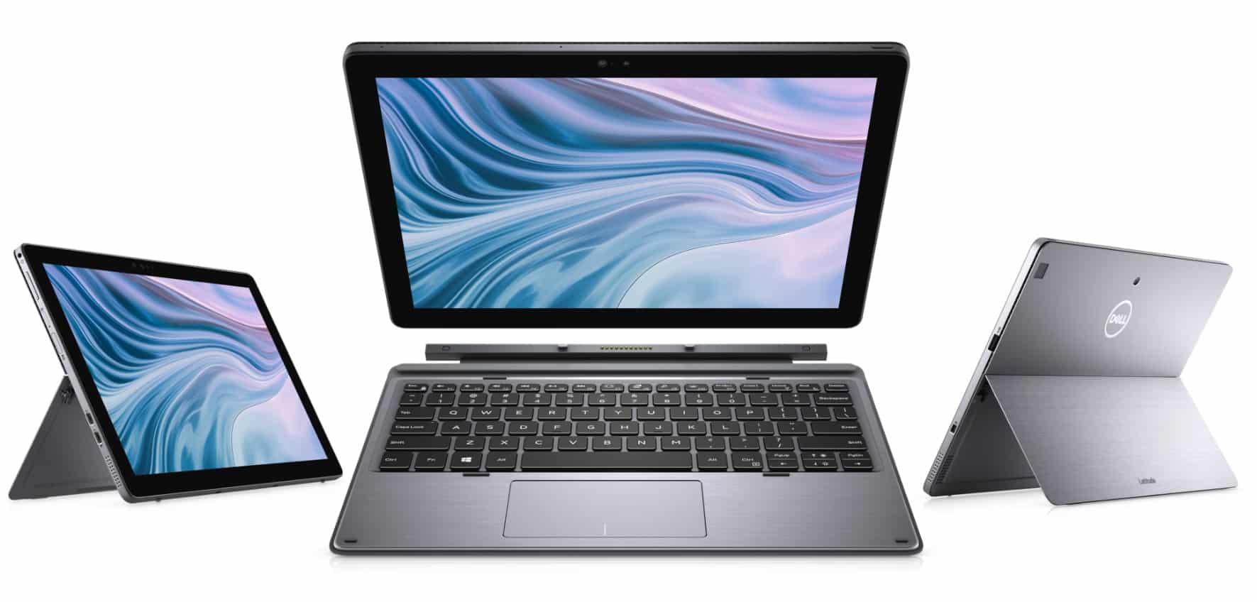 Dell Latitude 7210 aufgestellt und mit abgetrennter Tastatur