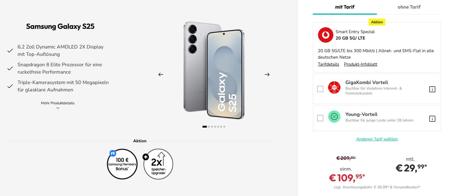 Samsung Galaxy S25 mit Vodafona-Tarif bei Sparhandy - Angebotsübersicht
