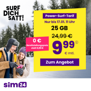 mtl. kündbare 5G/LTE Handy Allnet mit 25GB für 9,99€ 😱 oder 5GB für 4,99€ | 10GB für 6,99€ | 50GB für 14,99€ (SIM24 im 1&amp;1-Netz)