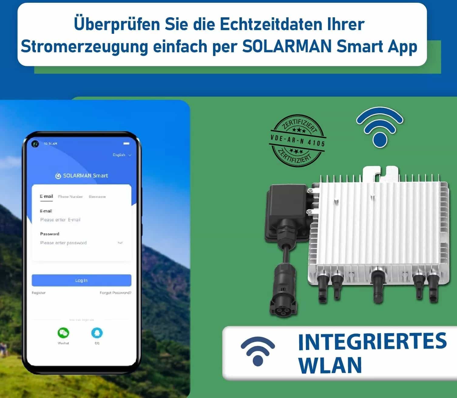 Wechselrichter mit integriertem WLAN, daneben ein Smartphone, oben eine Nachricht, dass man per App alles überprüfen kann