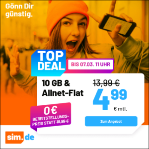 5G/LTE Handy Allnets 📲 10GB für 4,99€ | 40GB für 9,99€ | 80GB für 14,99€ | 100GB für 19,99€ ⏰ nur für kurze Zeit (sim.de im 1&1-Netz)