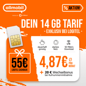 14GB LTE Vodafone Allnet für 7,99€/Monat + 0€ AP + 55€ Logitel-Cashback + 20€ Wechselbonus (allmobil Flat L powered by otelo)