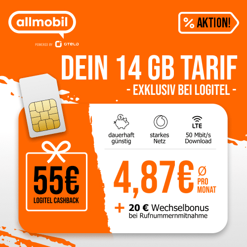 Thumbnail 14GB LTE Vodafone Allnet für 7,99€/Monat + 0€ AP + 55€ Logitel-Cashback + 20€ Wechselbonus (allmobil Flat L powered by otelo)