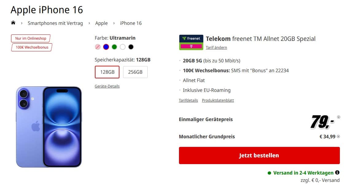 Tarifangebot bei MediaMarkt mit dem Apple iPhone 16 für 79€ mit Telekom-Tarif für 34,99€ mtl.