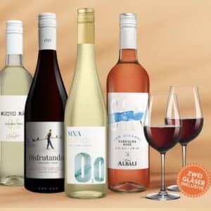 🍷 Probierpaket: 4 alkoholfreie Weine + 2 Gläser für 25,99€