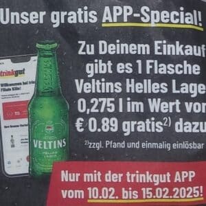 trinkgut: 1 Flasche Veltins Helles Lager (0,275 l) zum Einkauf GRATIS - nur in der trinkgut-App! 🍺 Bis 15.02.25!