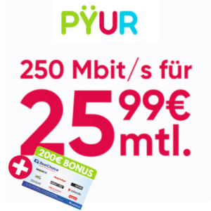 🤑 200€ Bonus für PYÜR 250 Mbit/s Leitung 😎 für dauerhafte 22,99€ mtl.