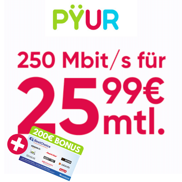 Thumbnail 🤑 200€ Bonus für PYÜR 250 Mbit/s Leitung 😎 für dauerhafte 22,99€ mtl.