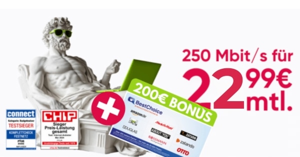 PYUR 250 Mbit/s Tarif für 22,99€ mtl + 200€ Bonus