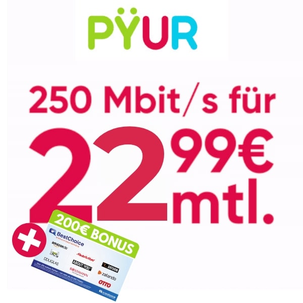 Thumbnail 🤑 200€ Bonus für PYÜR 250 Mbit/s Leitung 😎 für dauerhafte 22,99€ mtl.