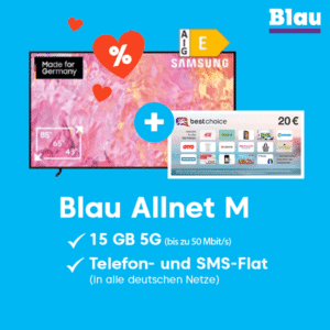 GRATIS Tarif & TV 45€ günstiger als Idealo: Samsung 50“ 4K Smart-TV für 1€ + 15GB 5G/LTE Allnet für 19,99€/Monat + 20€ Bonus vom Doc (Blau Allnet M im o2-Netz)