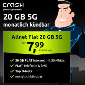 20GB Vodafone 5G Allnet-Flat für 7,99€/Monat (Crash / klarmobil) – mtl. kündbar