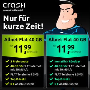 Crash: 40GB LTE/5G Allnet-Flat für 11,99€/Monat + 0€ Anschlusspreis – mit 3 Freimonaten oder mtl. kündbar