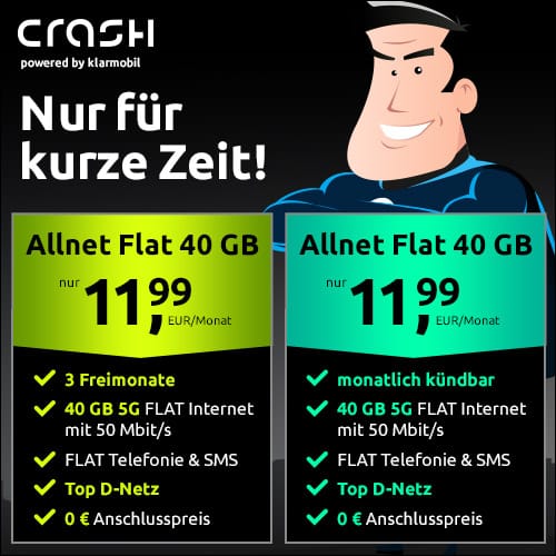 Thumbnail Crash: 40GB LTE/5G Allnet-Flat für 11,99€/Monat + 0€ Anschlusspreis – mit 3 Freimonaten oder mtl. kündbar