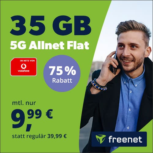 Thumbnail Nur noch HEUTE! 🔥 35GB mit 5G/LTE Vodafone Allnet für 9,99€ mtl. + 0,00€ AG 🔴 eSIM + Multi-SIM möglich (z.B. für Apple Watch) - freenet Vodafone Allnet