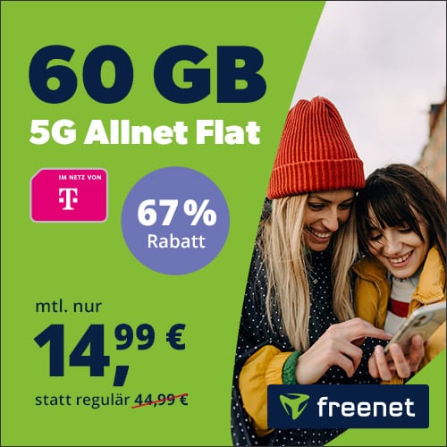 60GB 5G Telekom Allnet für 14,99€ + 0€ Anschlusspreis (freenet Telekom)