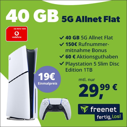 PS5 Slim Disc Edition 1TB für 19€ + 40GB 5G Vodafone Allnet für 29,99€/Monat + 150€ Wechselbonus +  60€ Aktionsguthaben