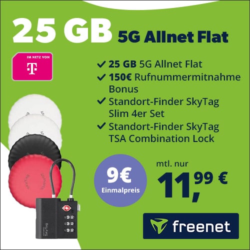 Thumbnail 25GB 5G Telekom Allnet für 11,99€/Monat + 150€ Wechselbonus + 0,00€ AG + 4 SkyTags + TSA Lock für 9€ (AirTags Alternative) - freenet Telekom green LTE