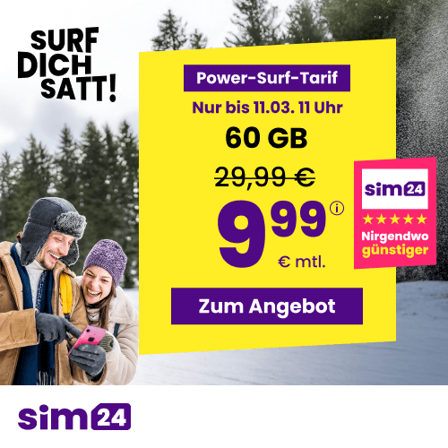 Thumbnail mtl. kündbare 5G/LTE Handy Allnet mit 60GB für 9,99€ 😱 oder 15GB für 4,99€ | 30GB für 6,99€ | 90GB für 14,99€ | Unlimited für 29,99€  (SIM24 im 1&amp;1-Netz)