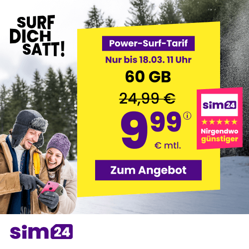 Thumbnail mtl. kündbare 5G/LTE Handy Allnet mit 60GB für 9,99€ 😱 oder 15GB für 4,99€ | 30GB für 6,99€ | 90GB für 14,99€ (SIM24 im 1&amp;1-Netz)