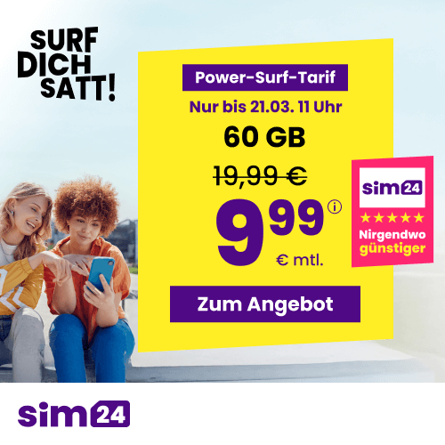 Thumbnail mtl. kündbare 5G/LTE Handy Allnet mit 60GB für 9,99€ 😱 oder 15GB für 4,99€ | 30GB für 6,99€ | 90GB für 14,99€ (SIM24 im 1&amp;1-Netz)