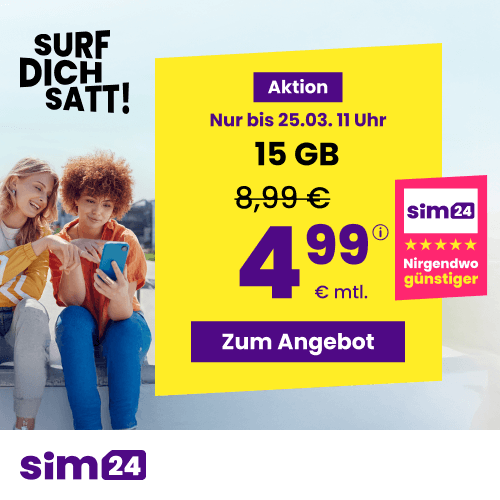 Thumbnail mtl. kündbare 5G/LTE Handy Allnet mit 60GB für 9,99€ 😱 oder 15GB für 4,99€ | 30GB für 6,99€ | 90GB für 14,99€ (SIM24 im 1&amp;1-Netz)