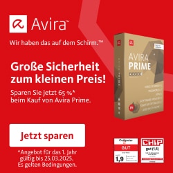 65% Rabatt auf AVIRA-Pakete: Prime für 37,95€/Jahr – oder Antivirus Pro für 16,95€/Jahr / Internet Security für 18,95€