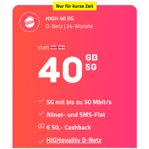 inkl. 50€ Cashback ⭐️ 40GB 5G &amp; LTE Telekom Allnet-Flat für 15€ mtl. + 0,00€ AG (HIGH-Tarif)