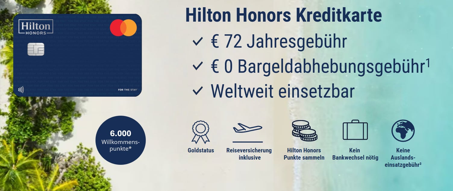 Banner der Hilton Honors Kreditkarte mit diversen Informationen über die Karte