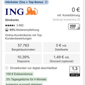 ING 140€ Giro-Neukundenprämie (100€ Check24 +40€ Tarifcheck)